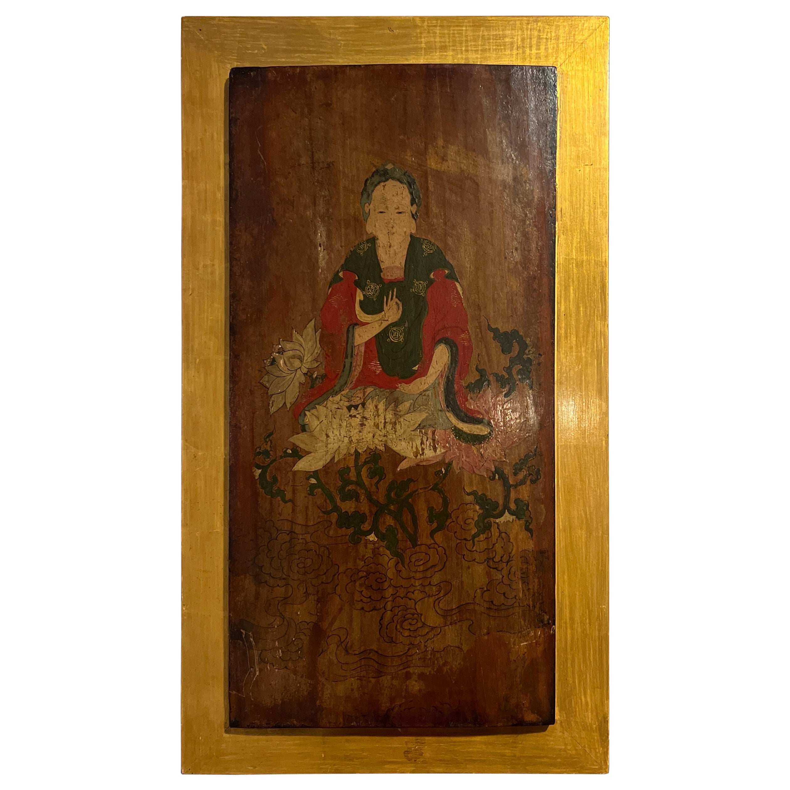 19th Century or Earlier Buddhist Painted Lacquered Wood Panel For Sale