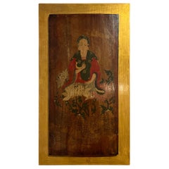 Vintage 19th Century or Earlier Buddhist Painted Lacquered Wood Panel