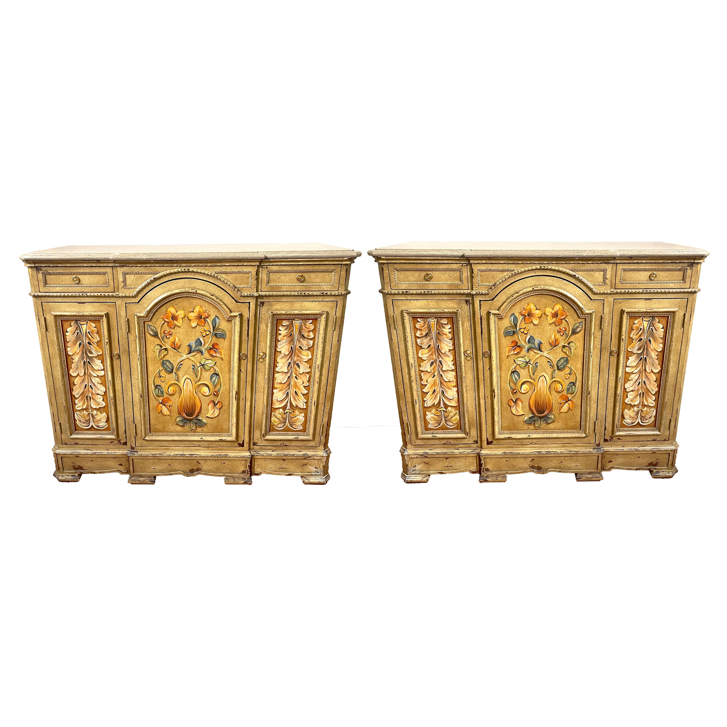 Pair of Tuscan Painted & Marble Top Credenzas by Susan Kaiser for Hickory Chair For Sale