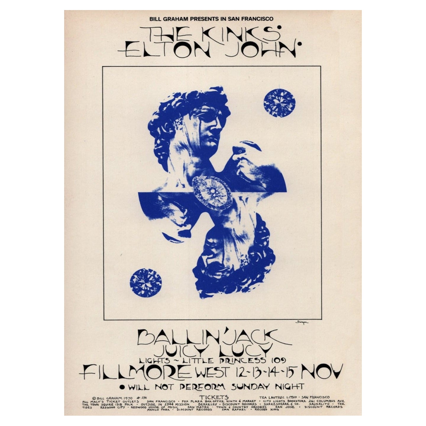 The Kinks & Elton John - Fillmore West - Affiche vintage originale de 1970