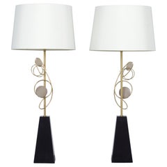 1960s Mid-Century Modern Wood & Brass Table Lamps with Fabric Shades