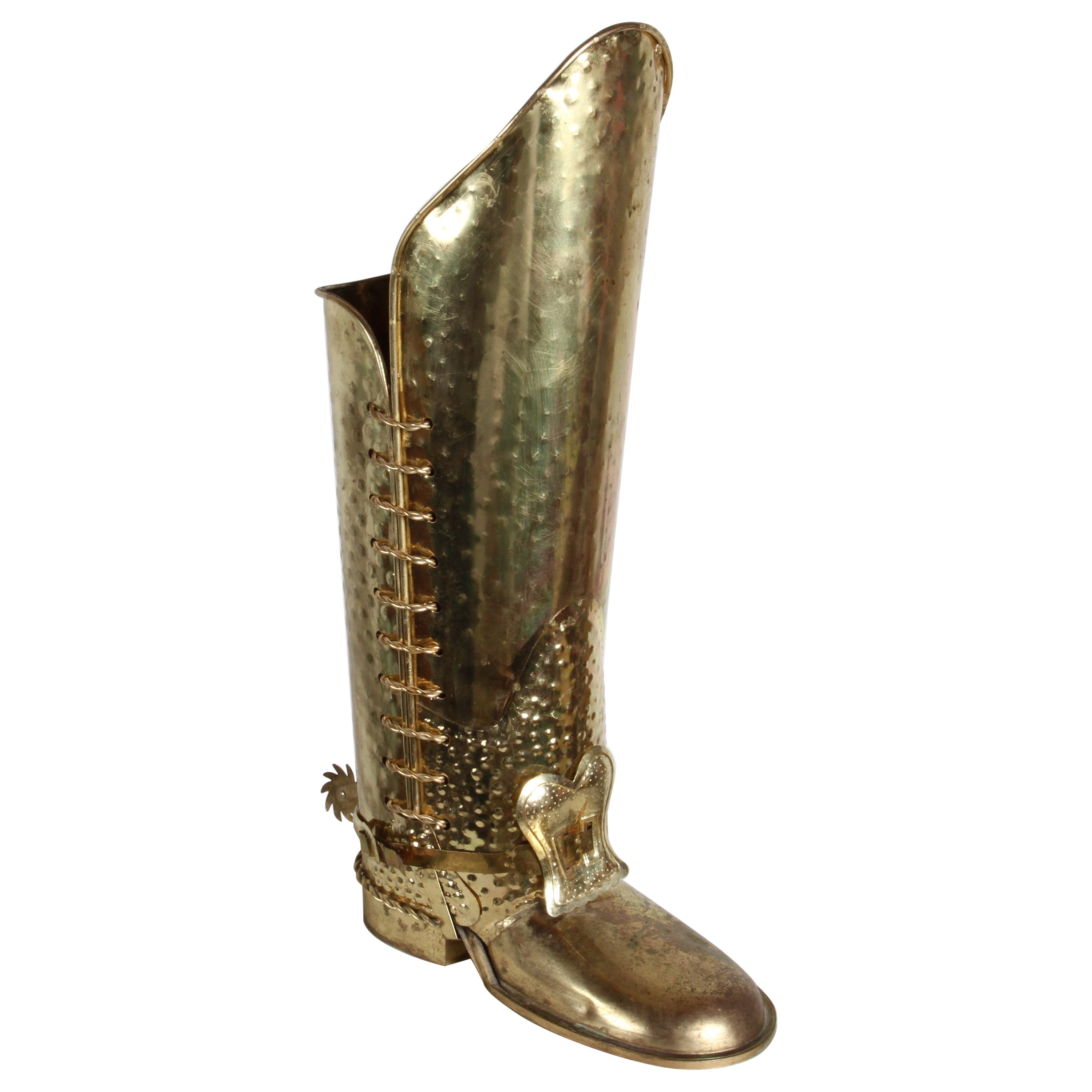 1960s Mid-20th Century Italian Hammered Brass Tall Boot Umbrella Stand with Spur For Sale