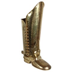 1960s Mid-20th Century Italian Hammered Brass Tall Boot Umbrella Stand with Spur