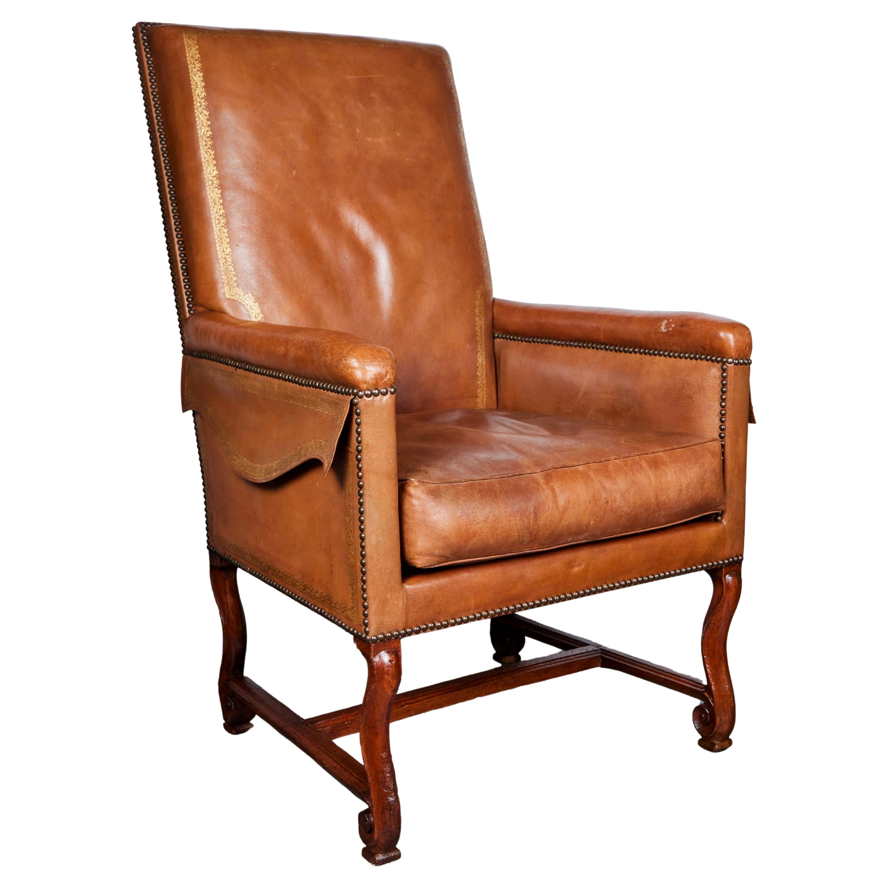 Antique Walnut and Leather Armchair