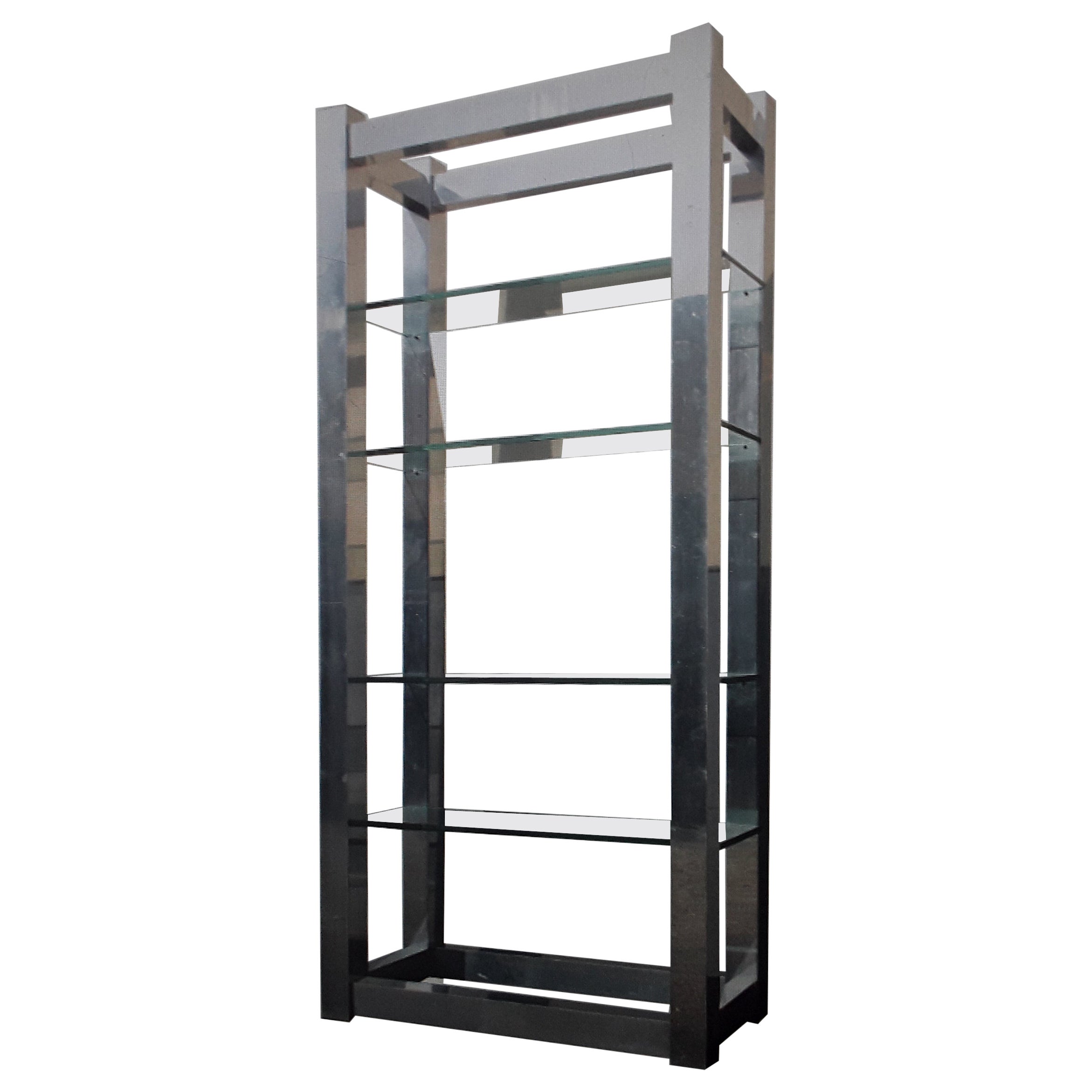 1970's Modern Silver Chrome Finish Metal 6 Shelf Etagere Wall Cabinet For Sale
