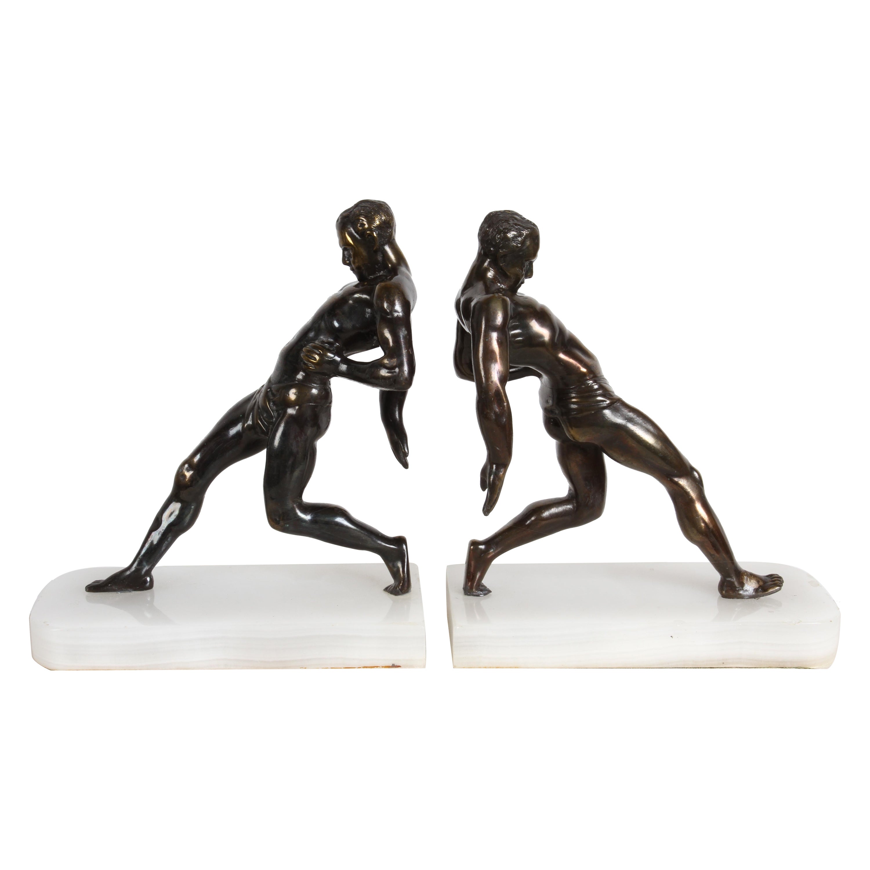 1930s Art Deco R. Vramant Muscular Semi Nude Male Runner Bronze Tone Bookends For Sale