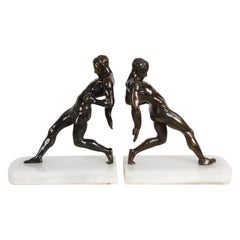 1930s Art Deco R. Vramant Muscular Semi Nude Male Runner Bronze Tone Bookends