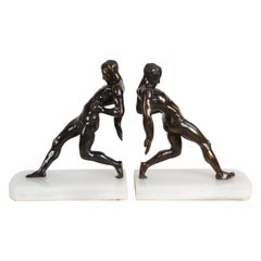 1930s Art Deco R. Vramant Muscular Semi Nude Male Runner Bronze Tone Bookends