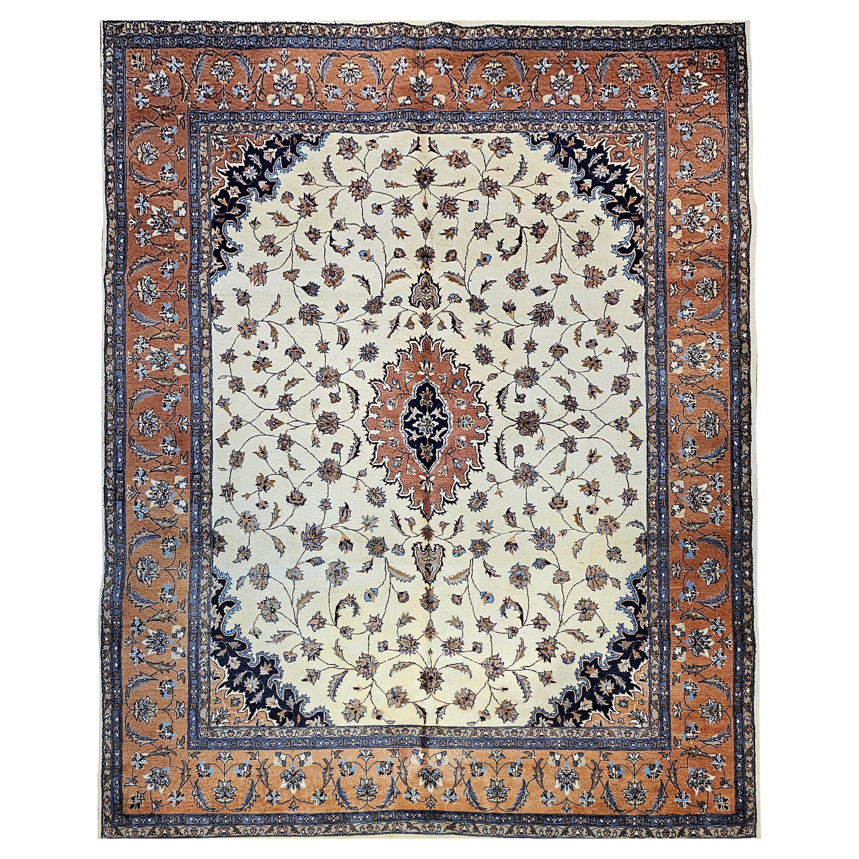 Vintage Tabriz Style Rug in Floral Pattern in Ivory, Terracotta, Navy, Brown For Sale