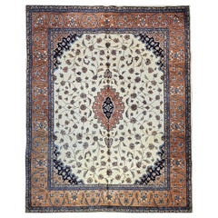 Retro Tabriz Style Rug in Floral Pattern in Ivory, Terracotta, Navy, Brown