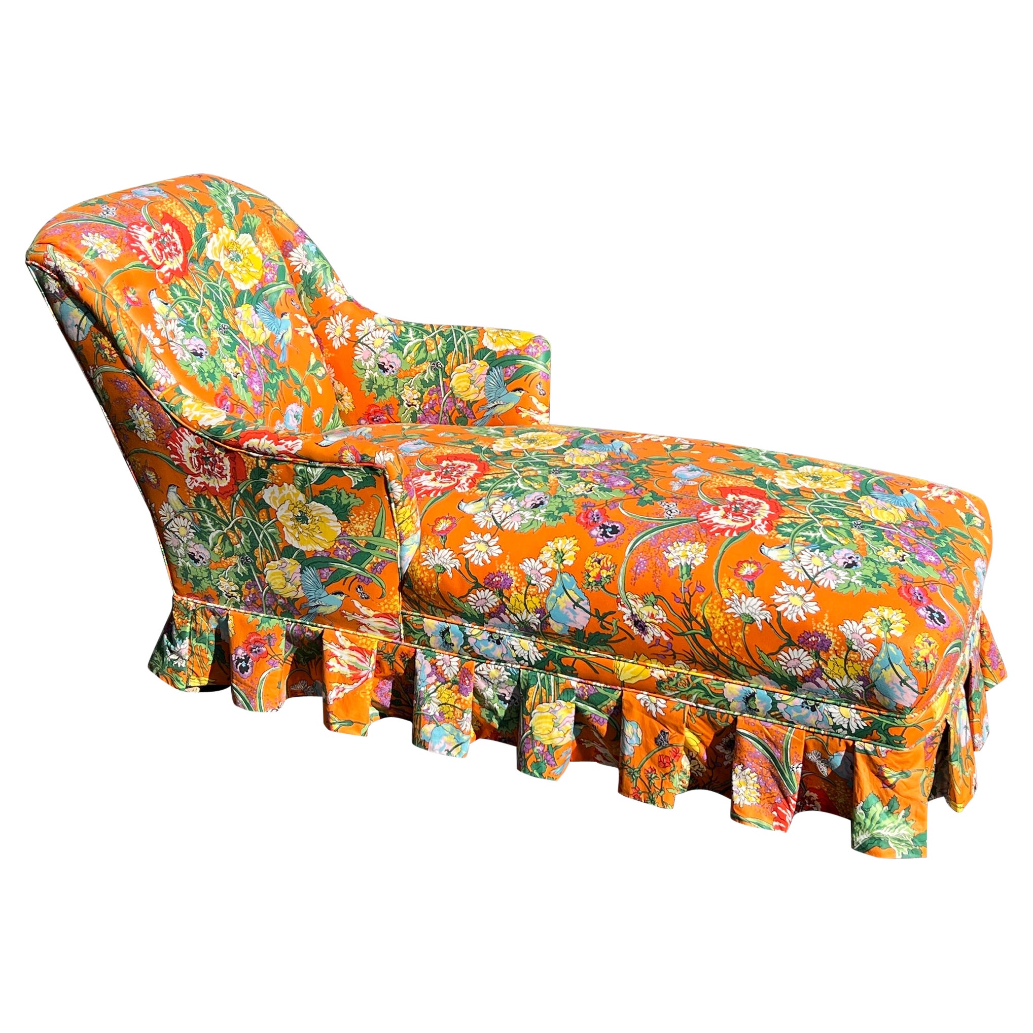Retro Floral Chaise Lounge in Orange For Sale