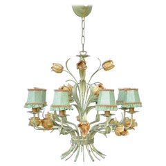 Vintage Italian Green Floral Tole Chandelier 