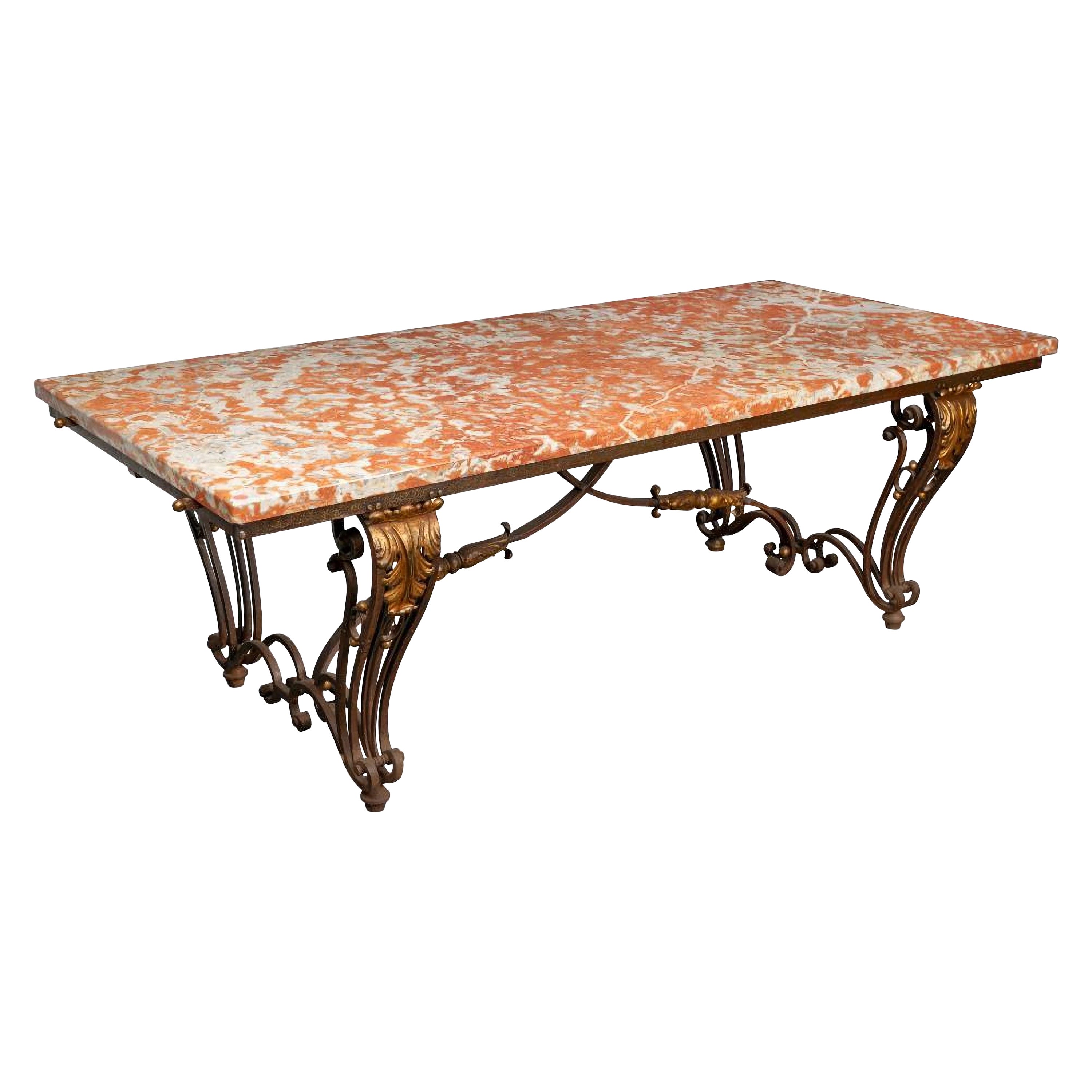 An Early 20th Century French Orange Marble-Top Table On Wrought Iron Base