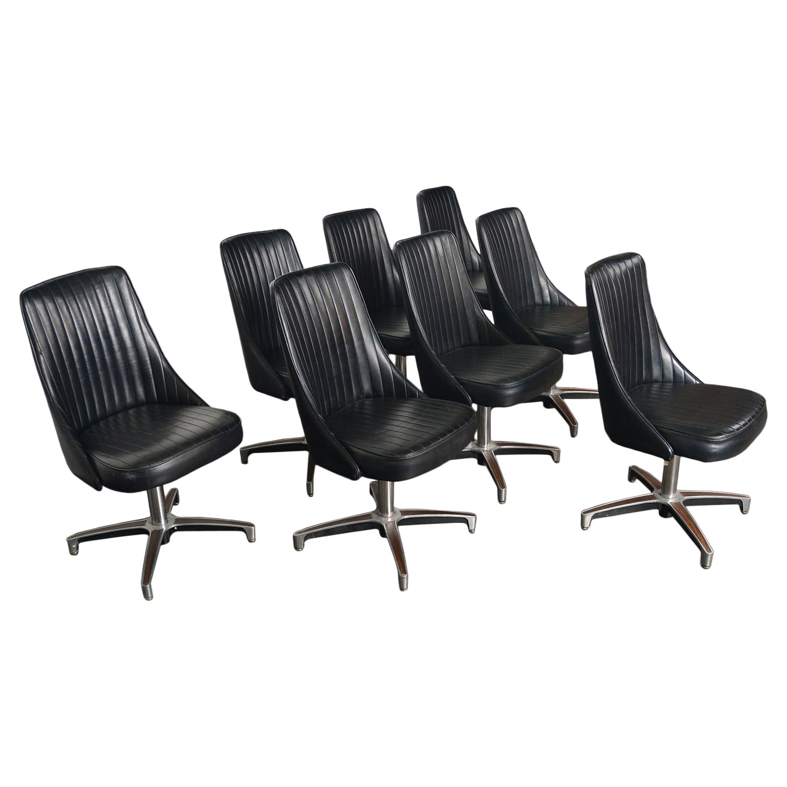 Set of Eight Chromcraft Swivel Dining Chairs In Black Vinyl For Sale