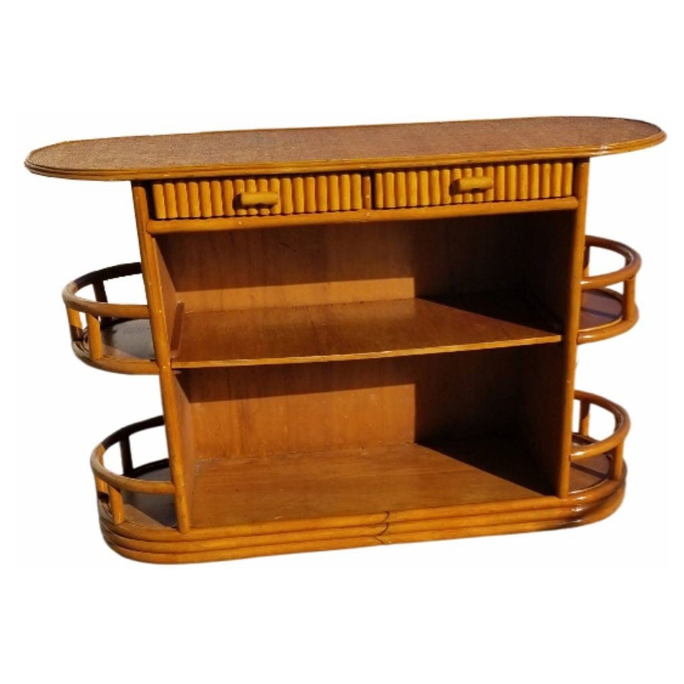 Restored Rattan Dry Bar Featuring Side Shelves and Mat Top