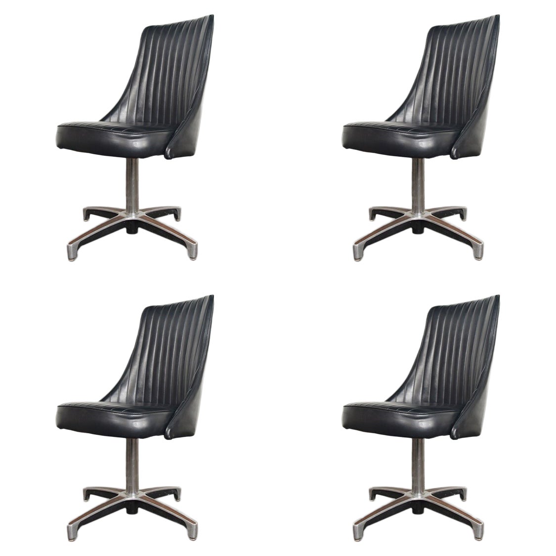 Set of Four Chromcraft Swivel Dining Chairs In Black Vinyl