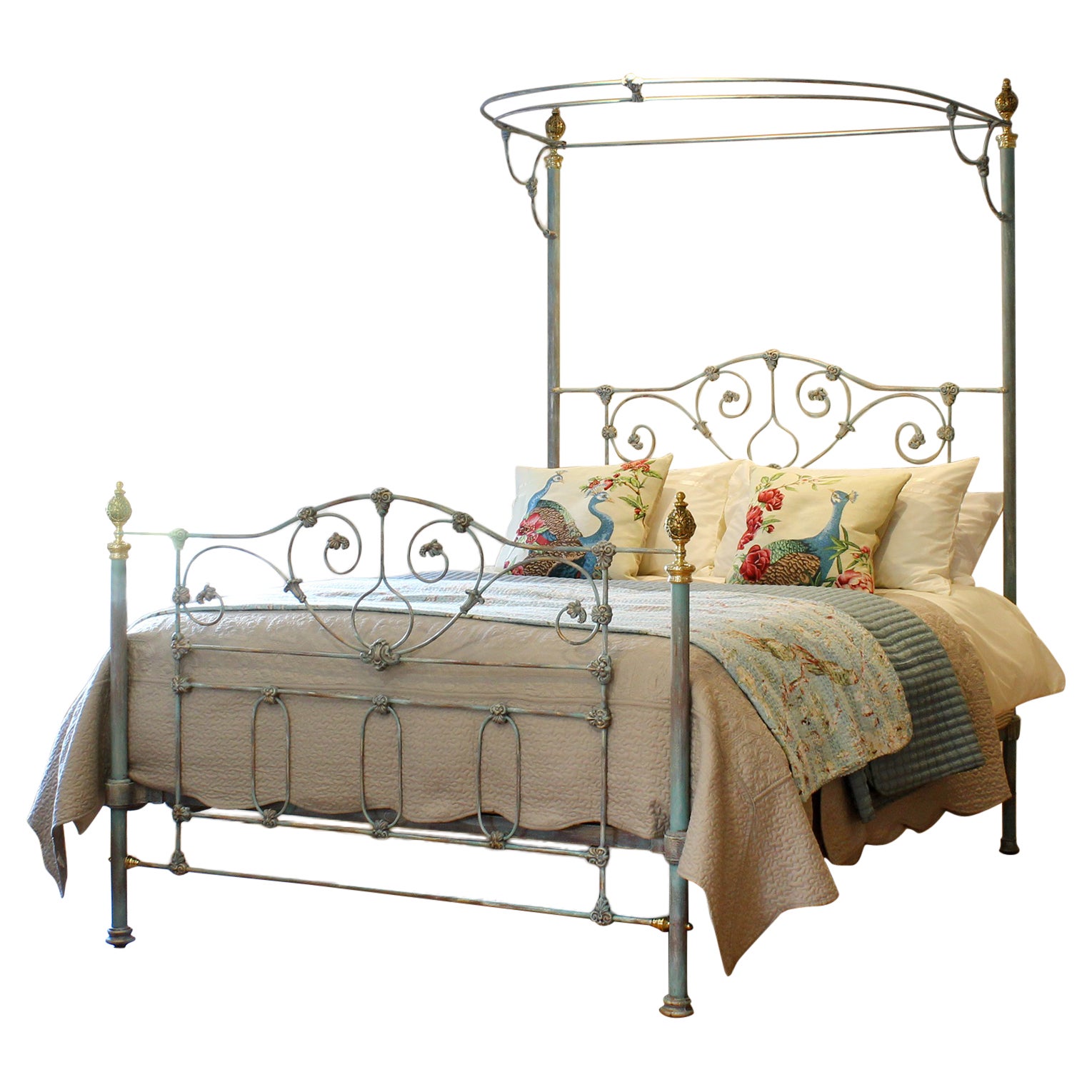 Cast Iron Half Tester Antique Bed finished in Blue Verdigris, M4P46 For Sale