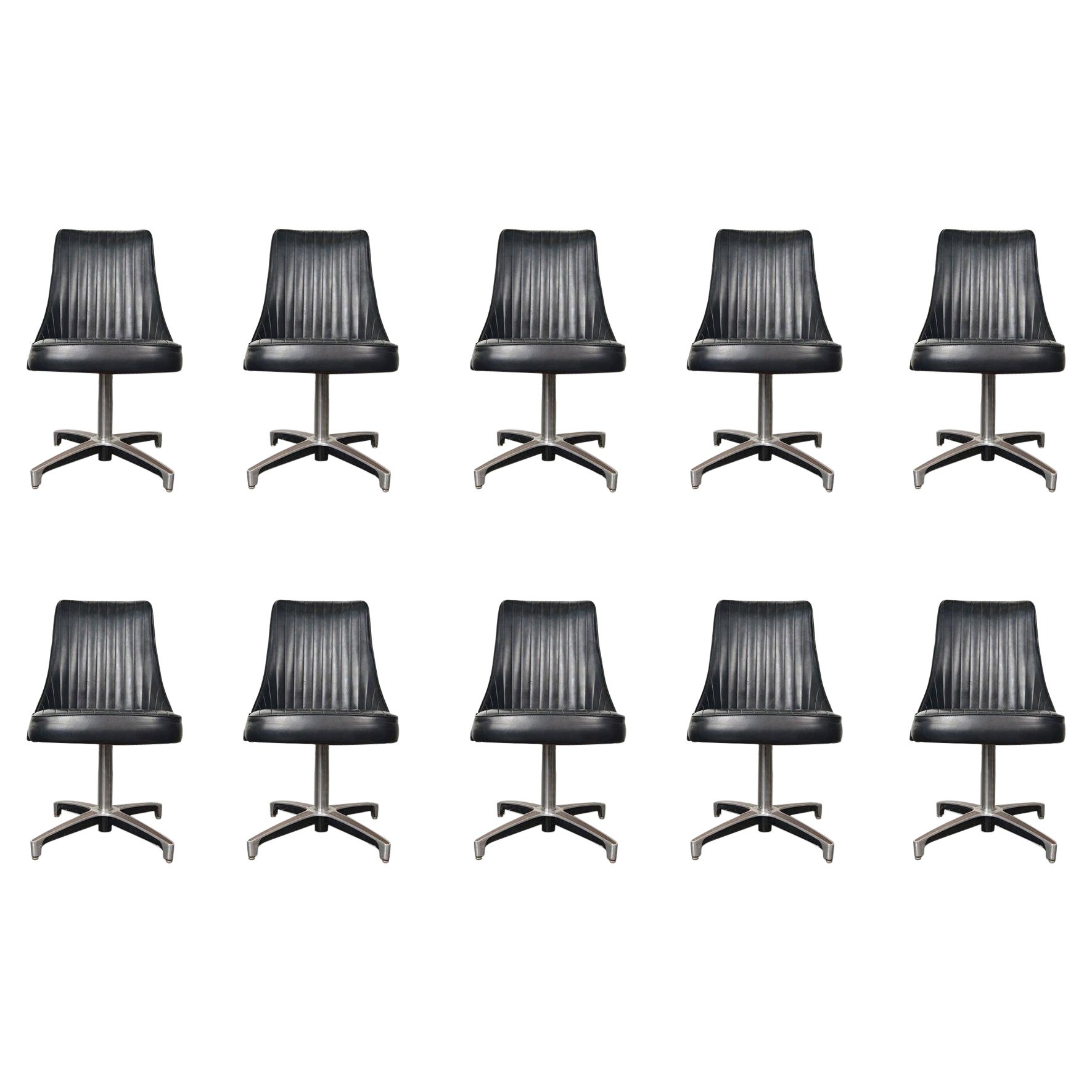 Set of Ten Chromcraft Swivel Dining Chairs In Black Vinyl