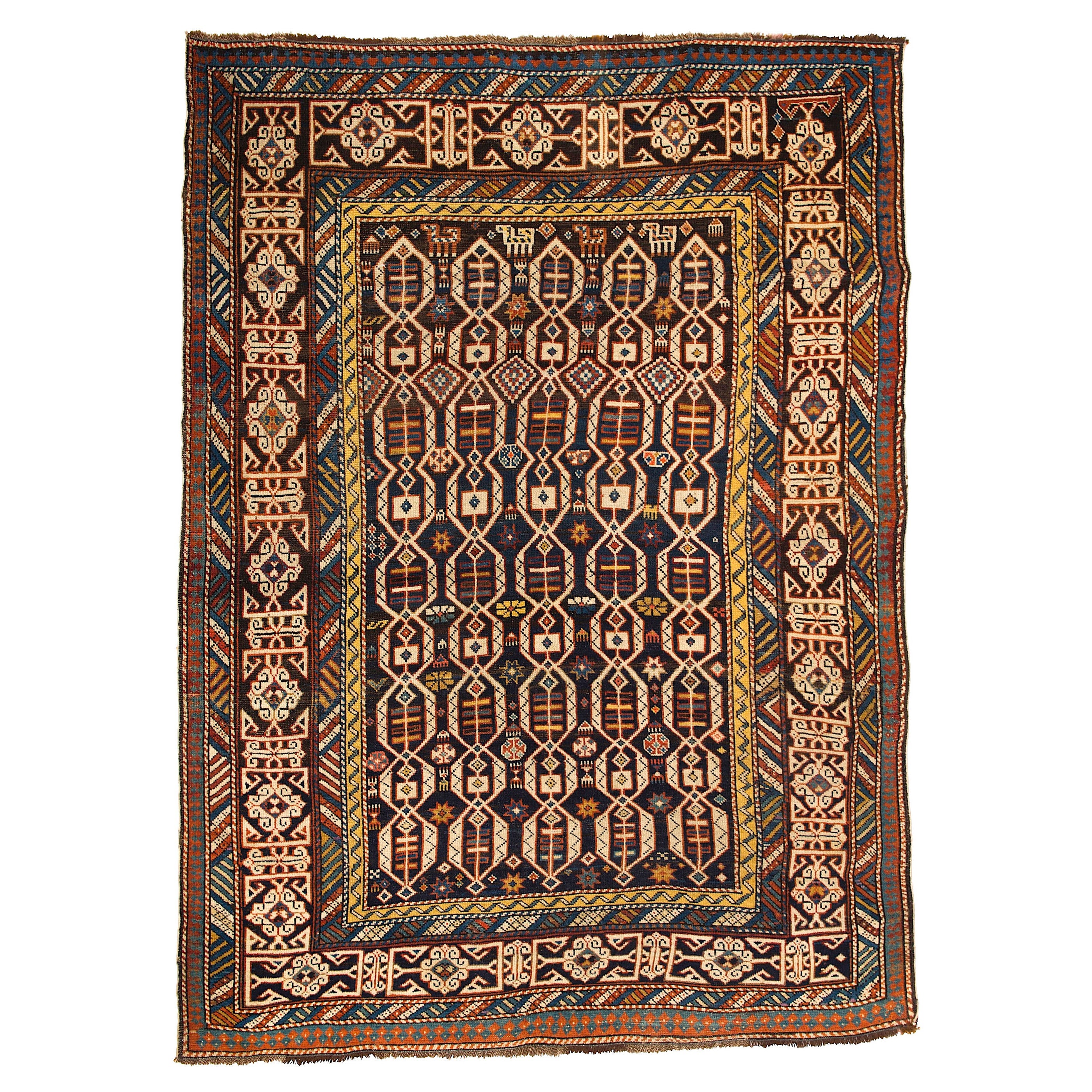 Rare tapis caucasien ancien Kuba Shirvan de 4x5,4 pieds, vers 1880 en vente