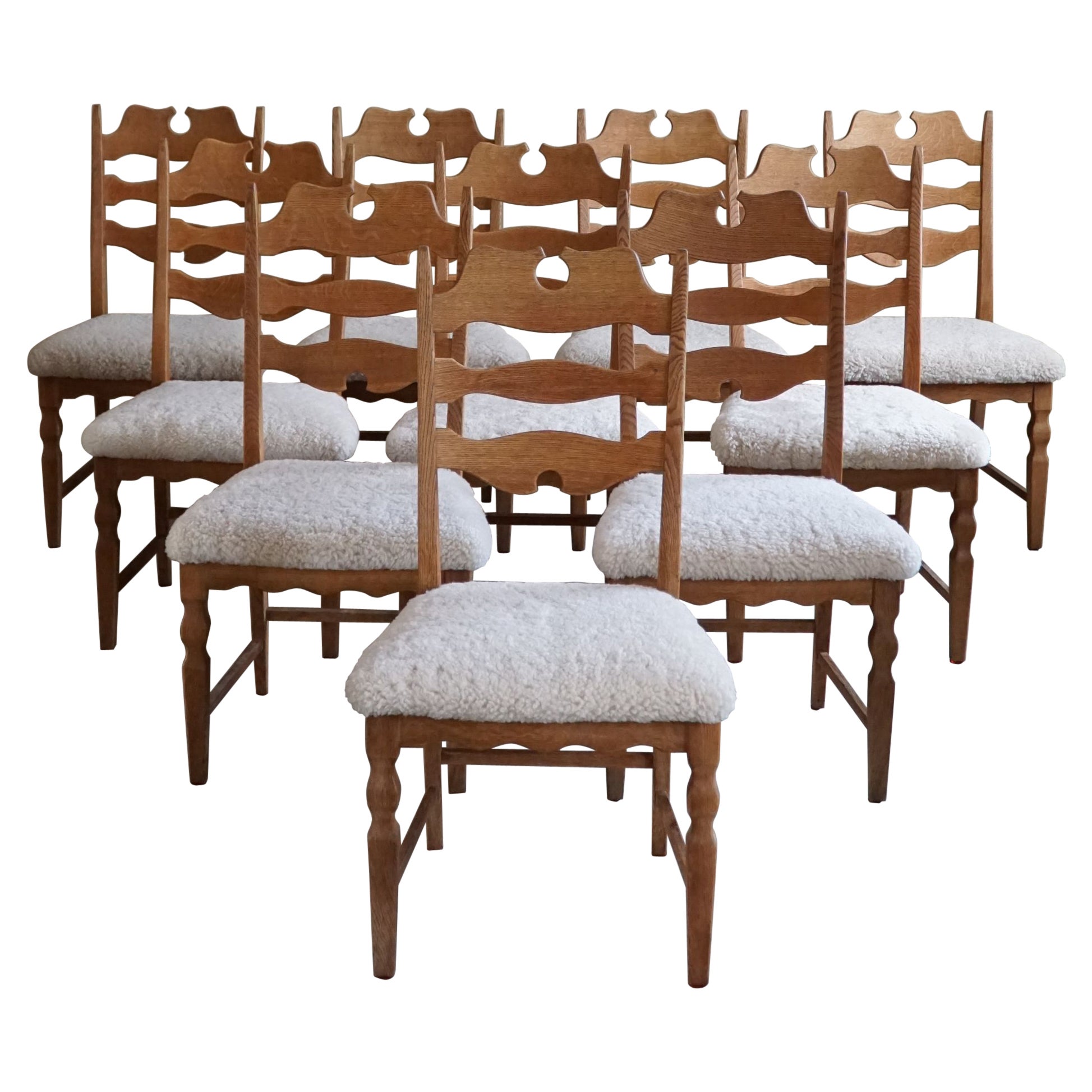 Set of 10 "Razorblade" Chairs in Oak & Lambswool, Henning Kjærnulf, 1960s