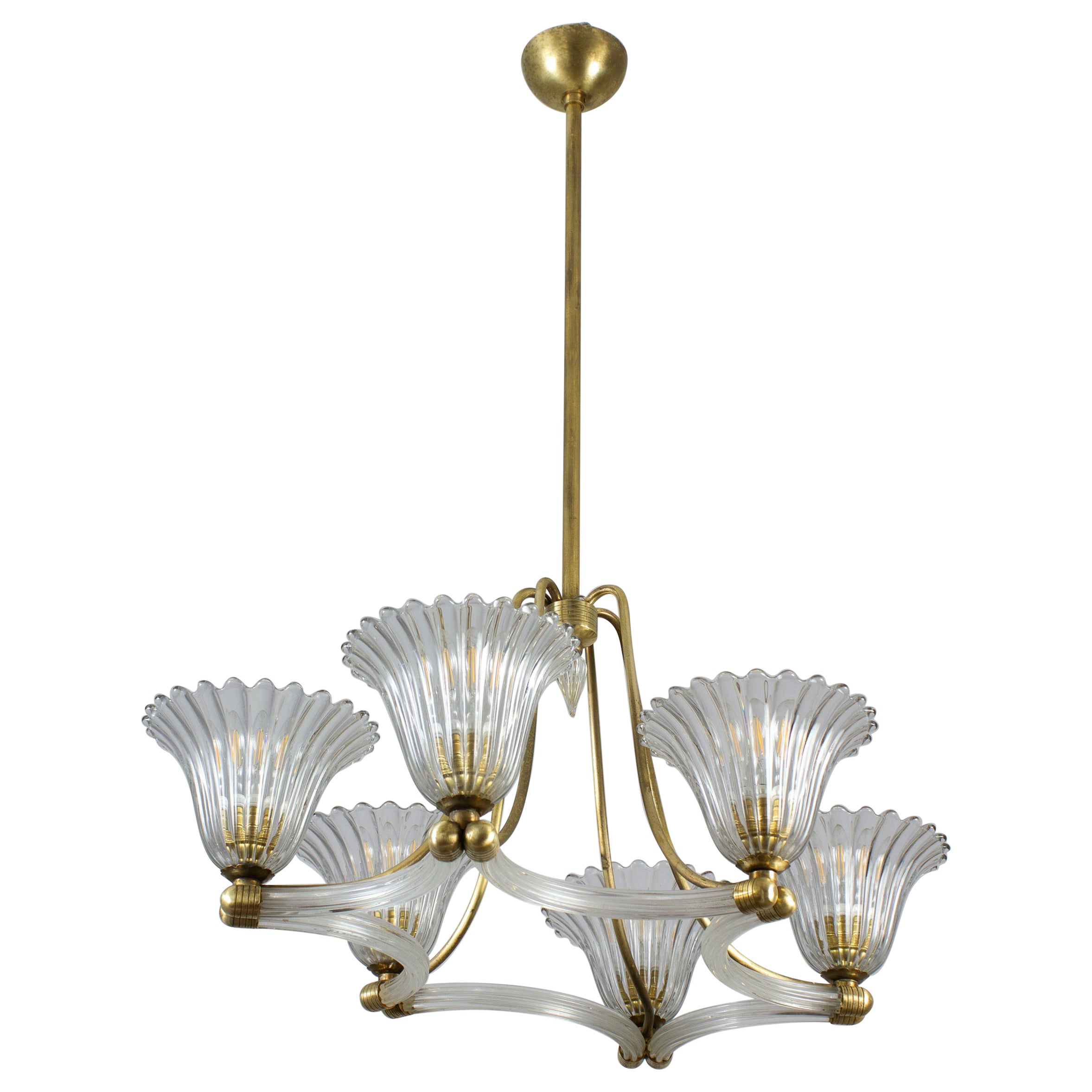  Art Deco Brass Mounted Murano Glass Chandelier by Ercole Barovier 1940 For Sale
