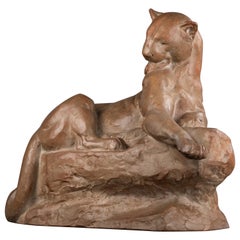 Antique Louis Maximilien Fiot : "Panthera", Terracota sculpture, edition Susse, C. 
