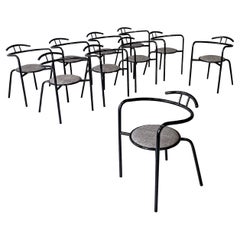 Used Italian modern black metal and grey fabric chairs with round seats, 1980s