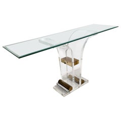 Table console Charles Hollis Jones en lucite, laiton et verre, 1970