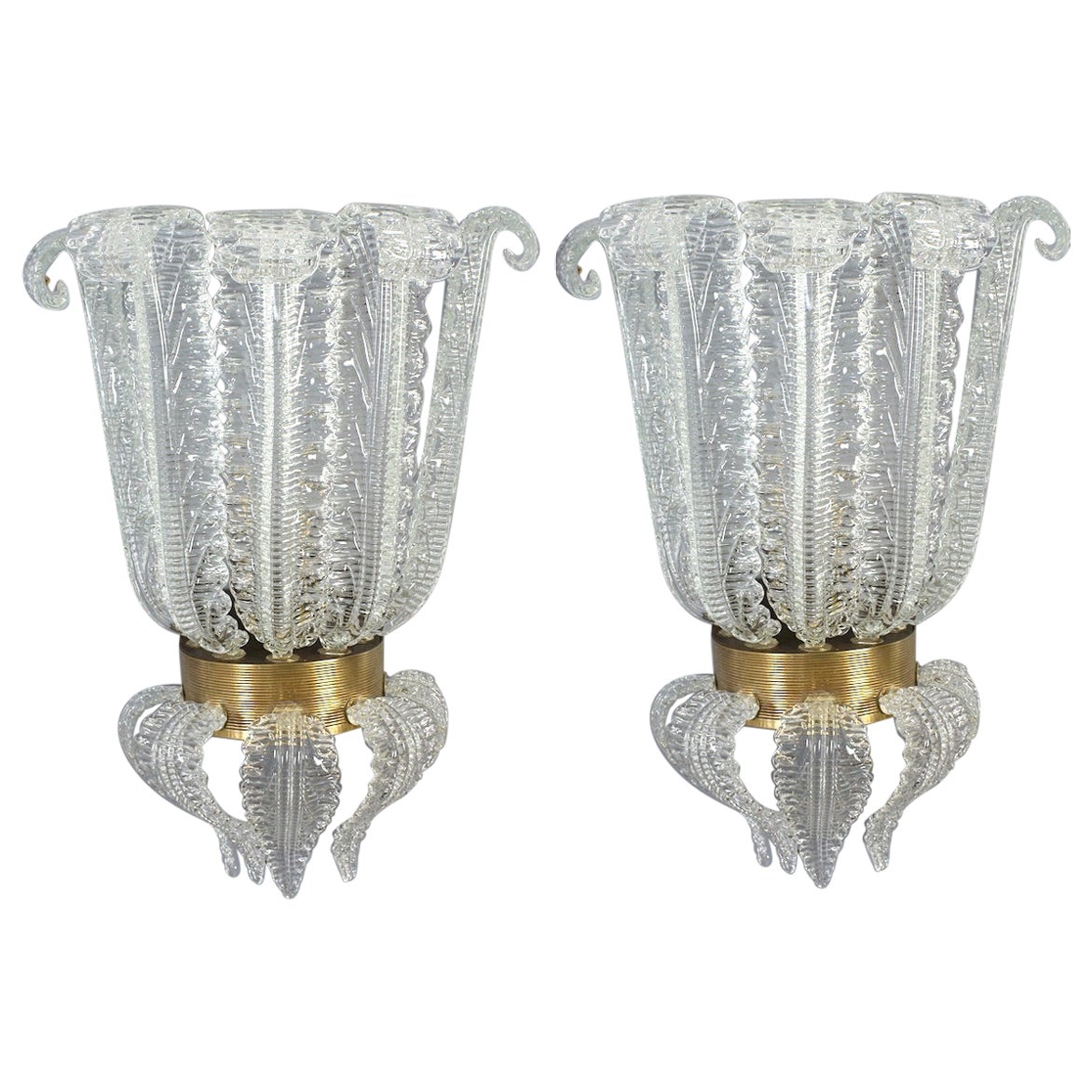 Pair of  Rare Barovier Art Deco Brass Mounted Murano Glass Sconces 1940' For Sale