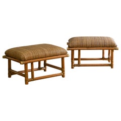 Vintage Pair of rattan and rush poufs with leather bindings, Prod. McGuire San Francisco