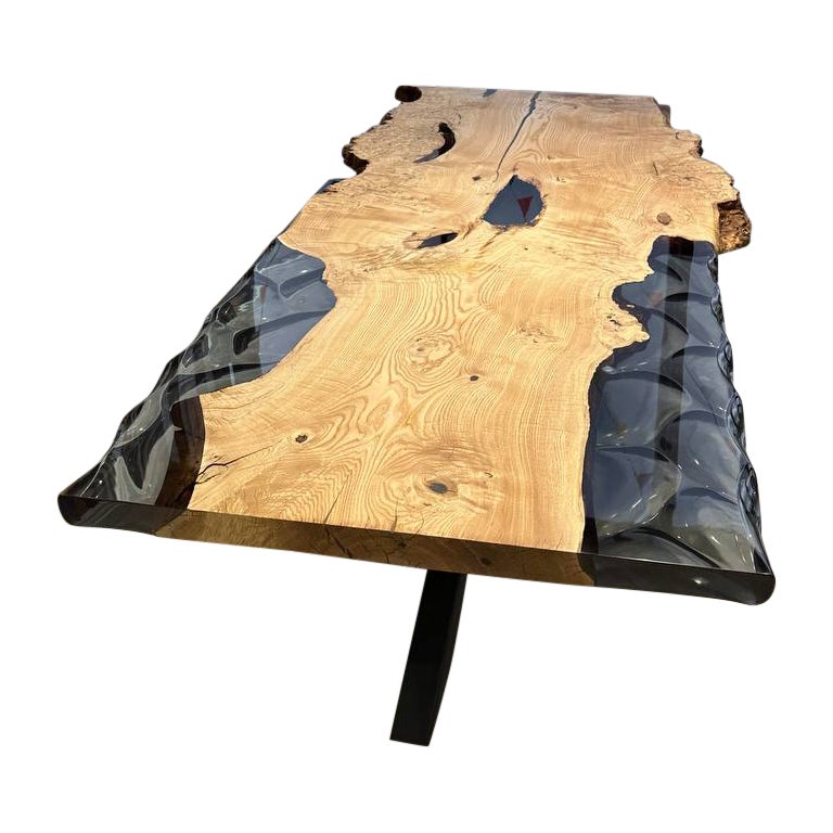 Wavy Design Live Edge Epoxy Resin Solid Ash Wood Dining Table For Sale