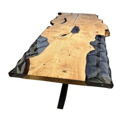Wavy Design Live Edge Epoxy Resin Solid Ash Wood Dining Table