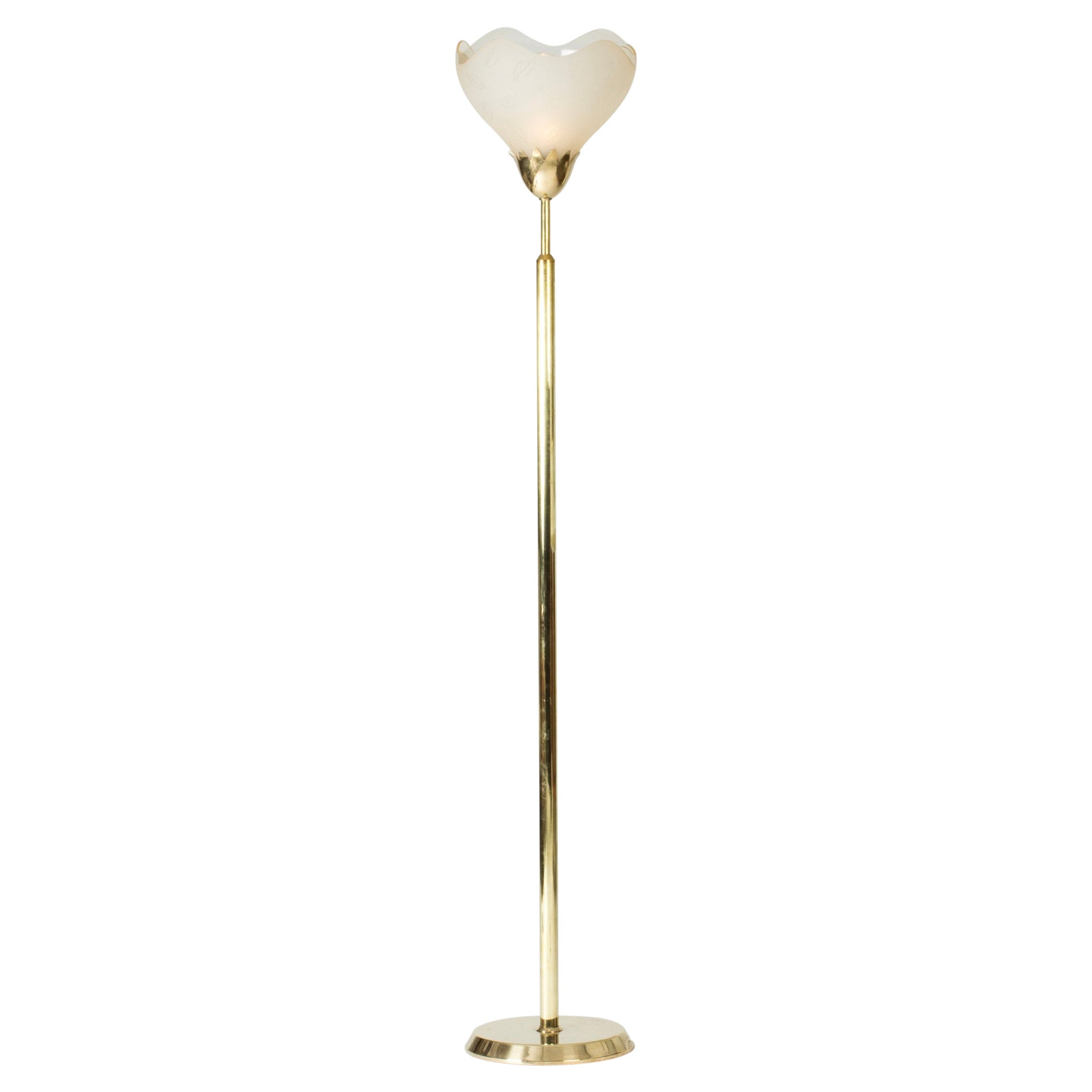 Swedish Grace Floor lamp, brass and glass, Orrefors, Sweden, 1940s For Sale