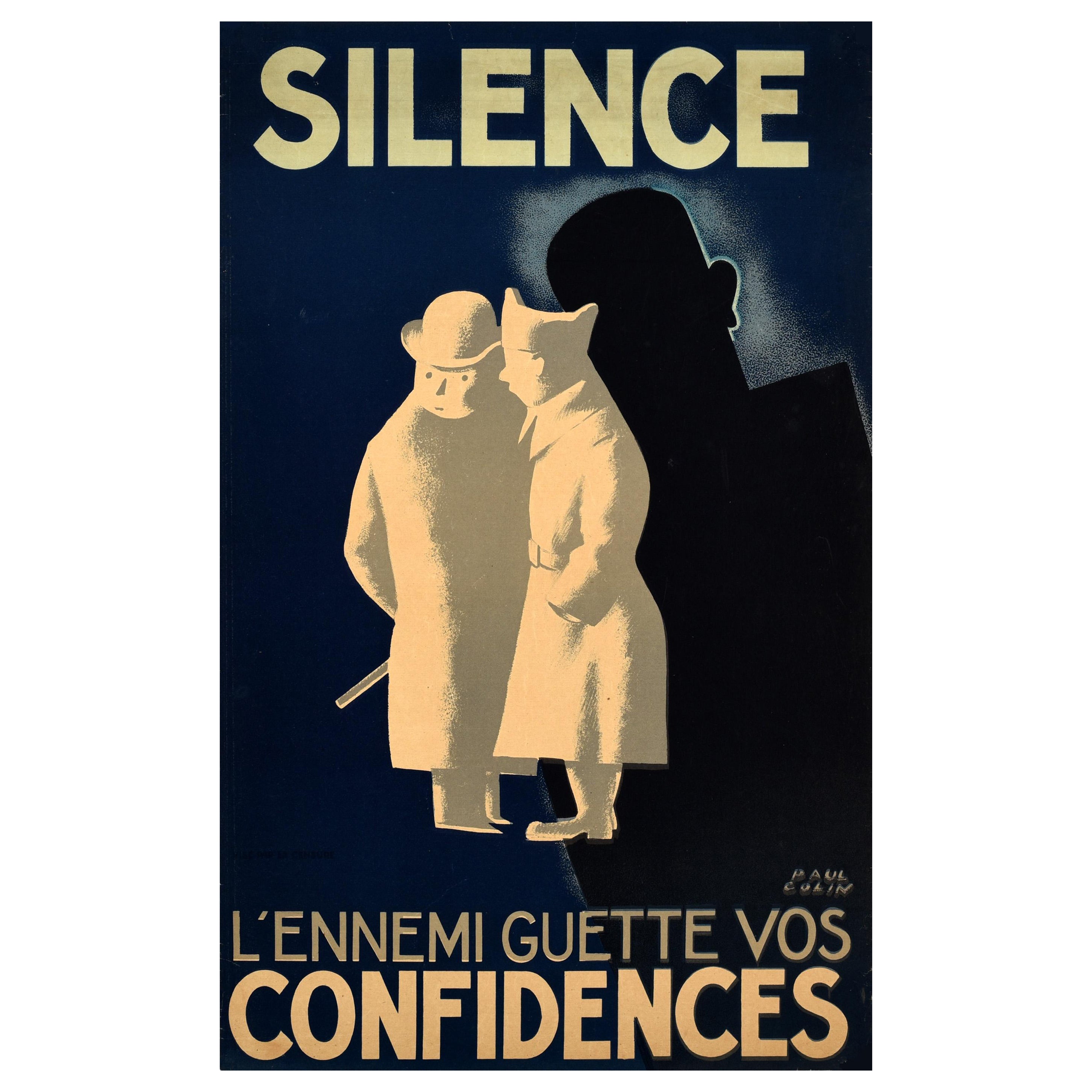 Original Vintage War Propaganda Poster Silence Enemy Watching Paul Colin WWII For Sale