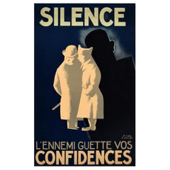 Original Vintage War Propaganda Poster Silence Enemy Watching Paul Colin WWII
