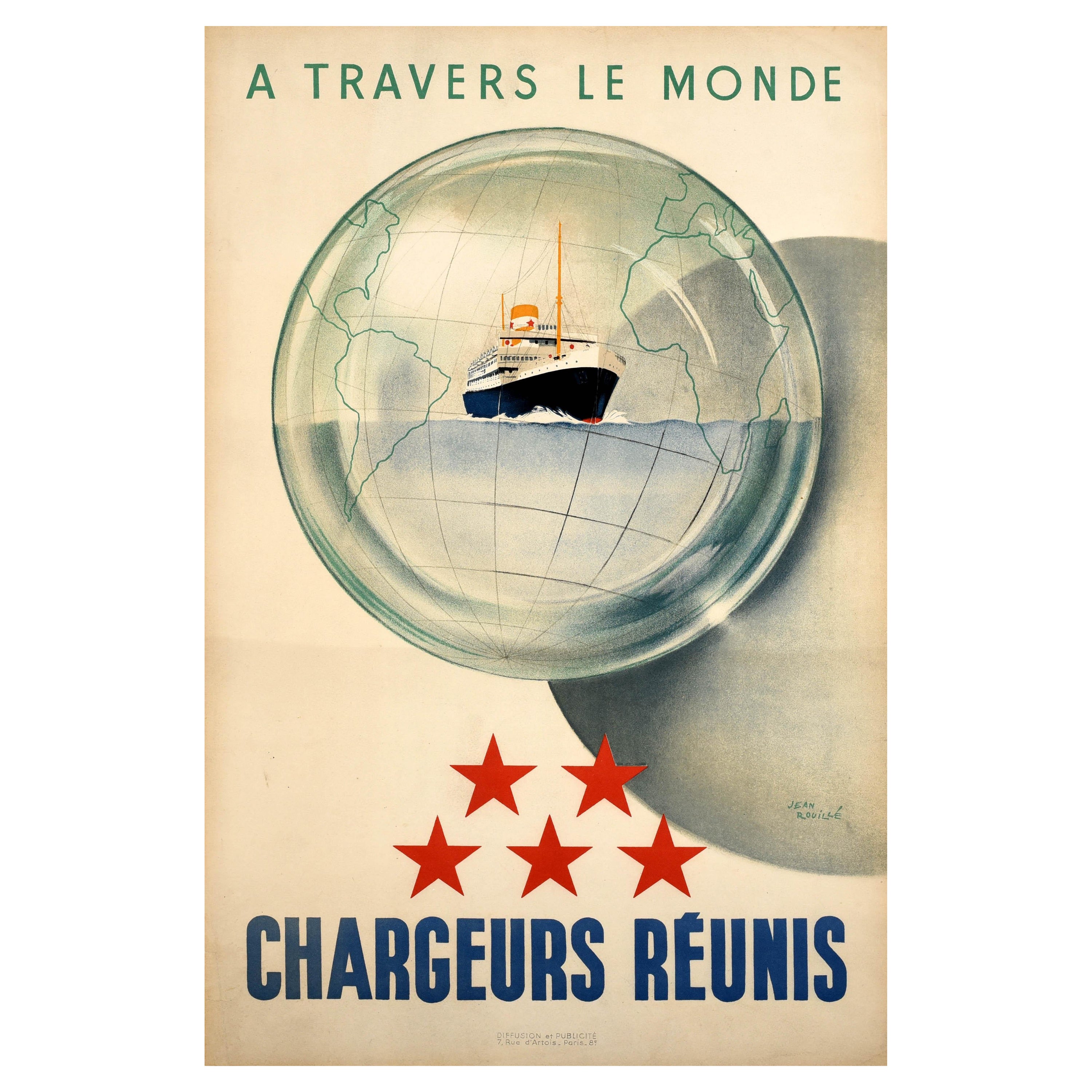 Original Vintage Travel Advertising Poster Chargeurs Reunis Sailing Jean Rouille For Sale