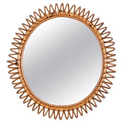 Retro Mid-Century Spring Round Shape Mirror in Rattan, Wicker and Bamboo, Italy 1960s