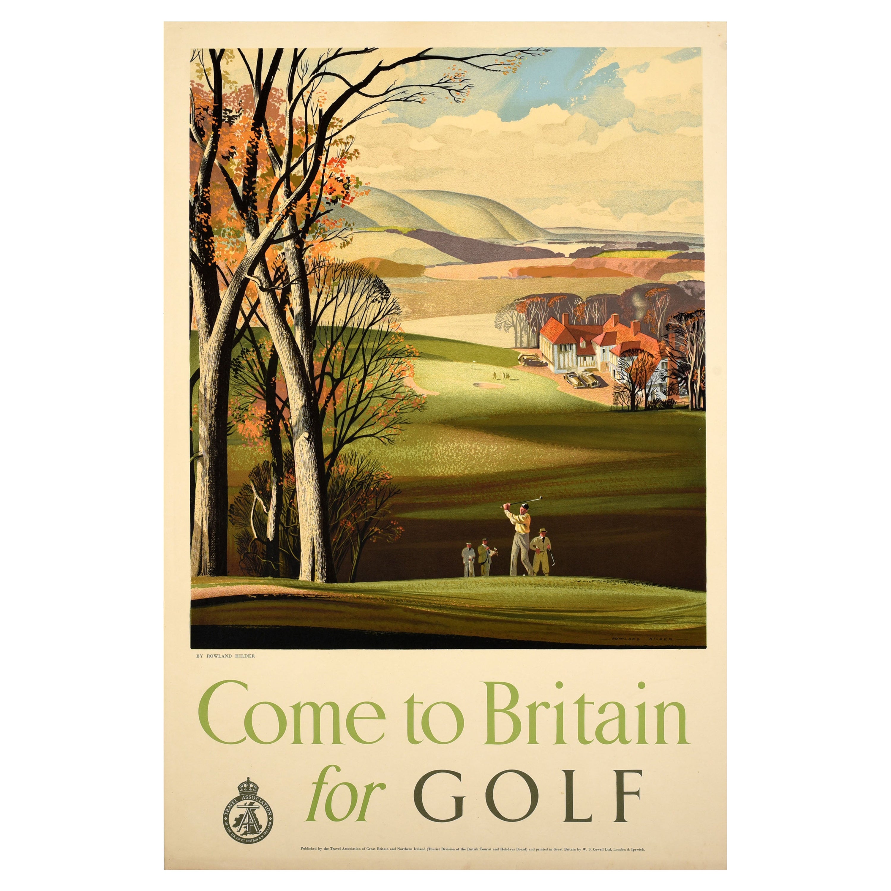 Original Vintage Sport Travel Poster Come To Britain For Golf Rowland Hilder UK For Sale