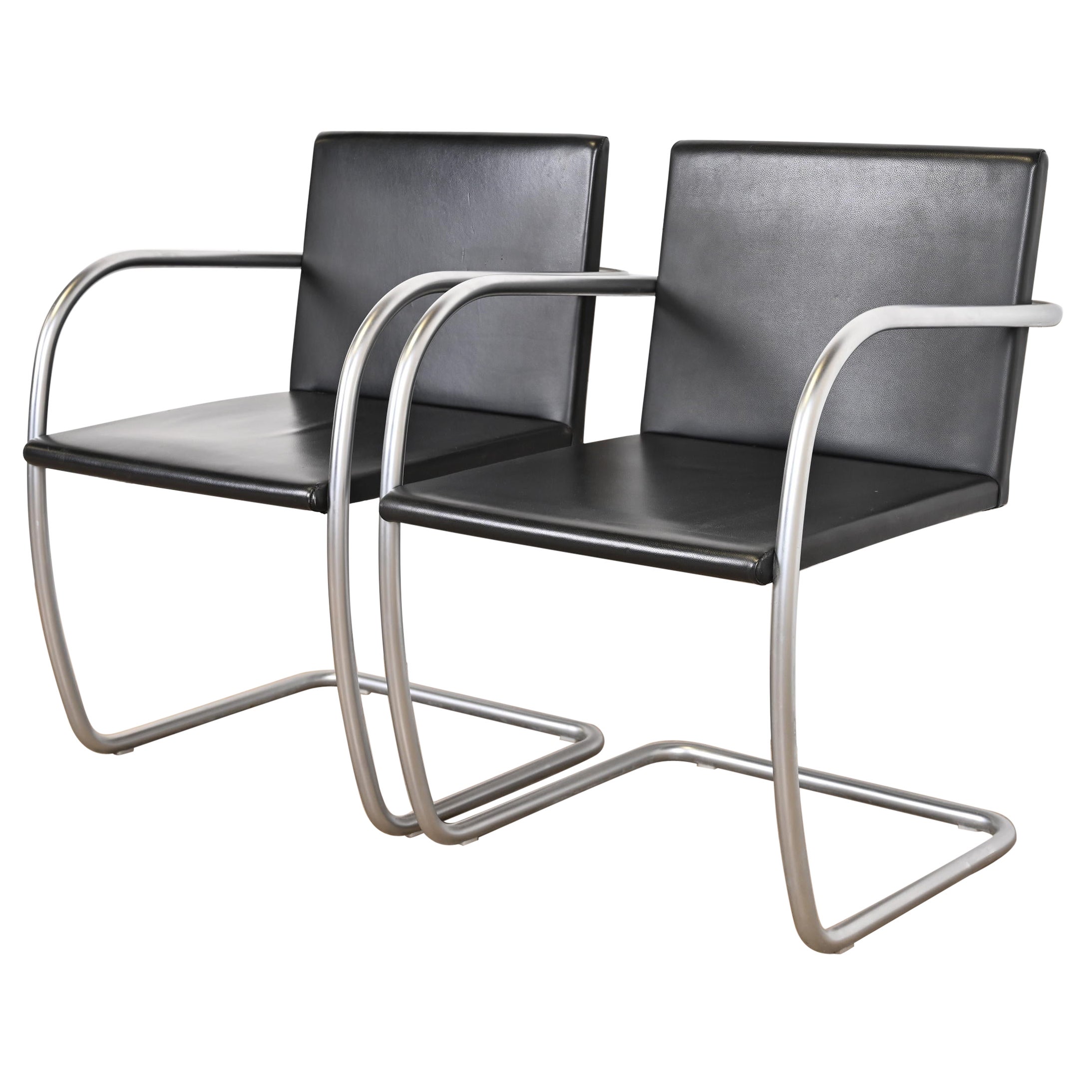 Mies Van Der Rohe for Knoll Black Leather and Chrome Brno Chairs, Pair For Sale