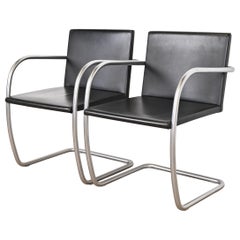 Mies Van Der Rohe for Knoll Black Leather and Chrome Brno Chairs, Pair