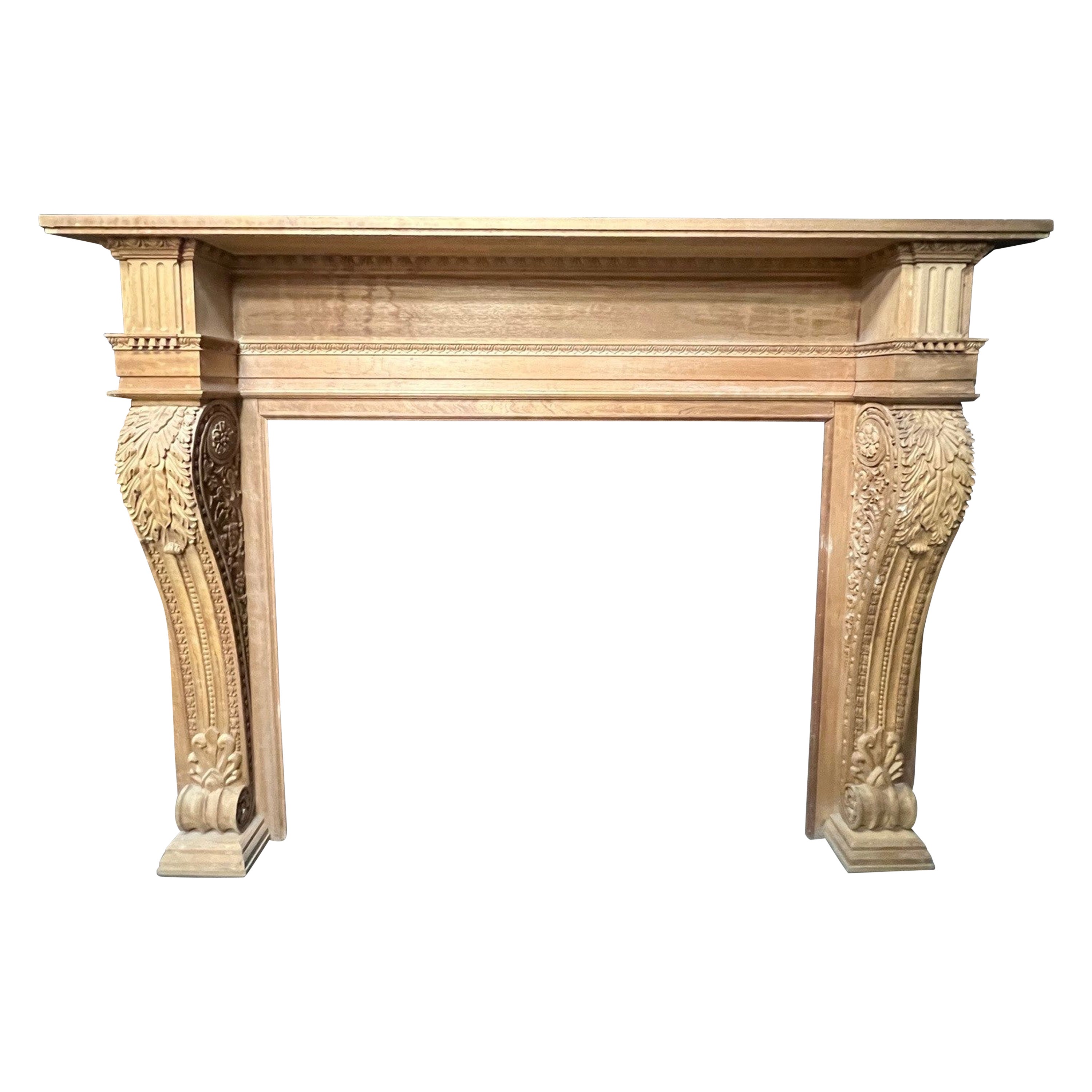 Oversize Carved Wood Fireplace Mantel with Acanthus Leaf Corbels.   For Sale