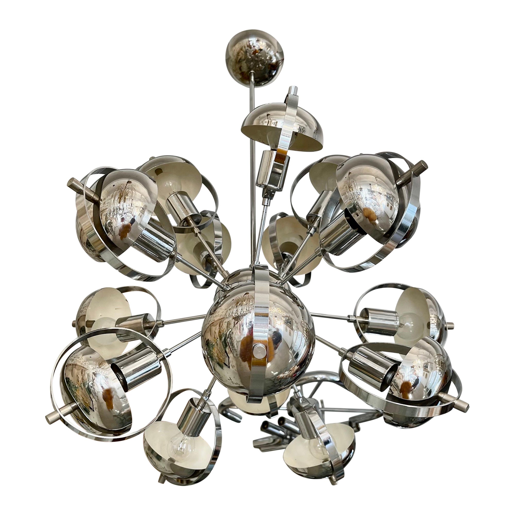 Goffredo Reggiani Orbit Chrome Chandelier with 15 bulbs , Italy 1960s For Sale