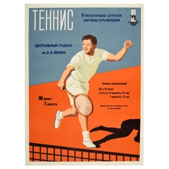 Originales sowjetisches Sportplakat, Tennis, Internationale Moskauer Jugendspiele, Vintage