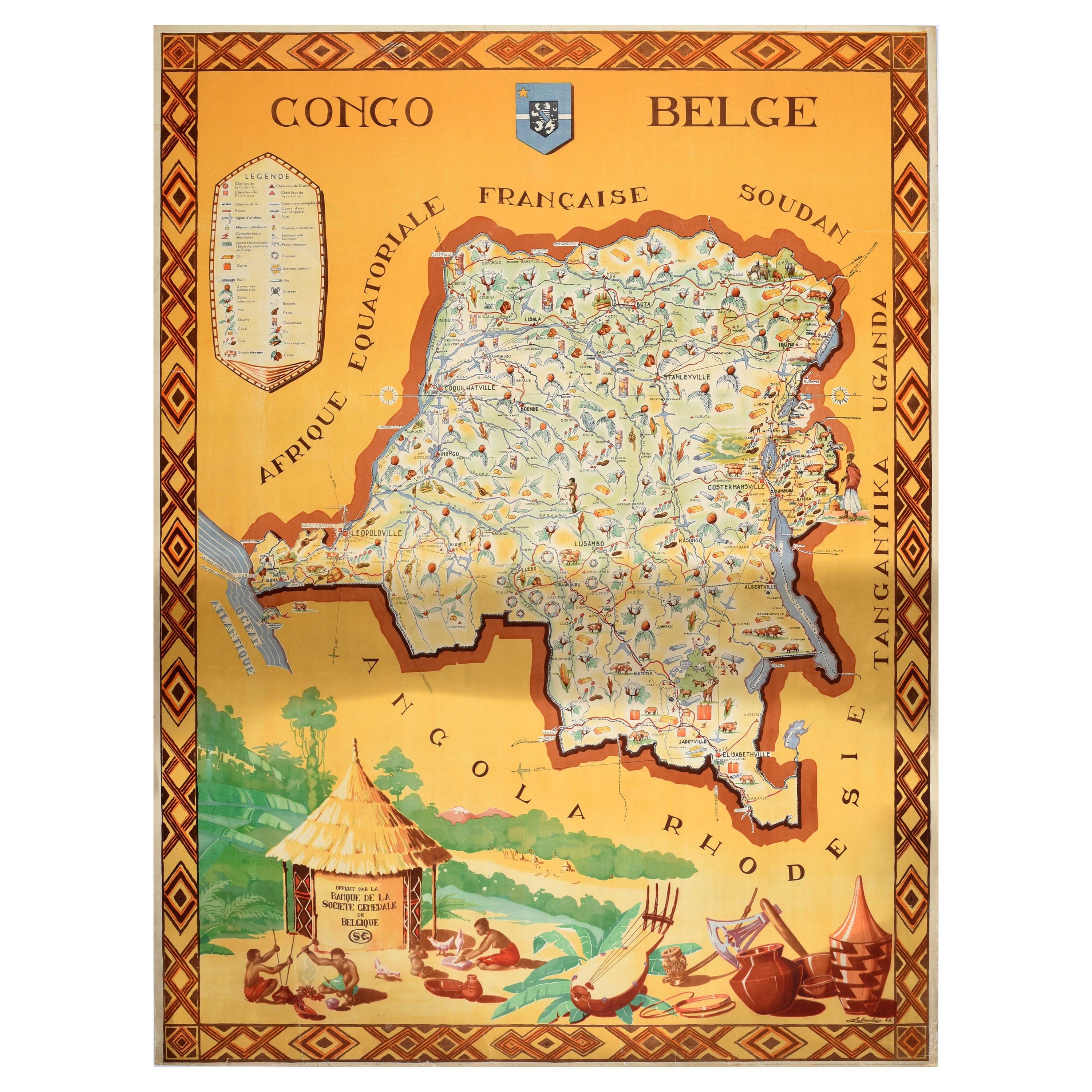 Affiche rétro originale de voyage belge, Congo belge, Congo belge, carte illustrée