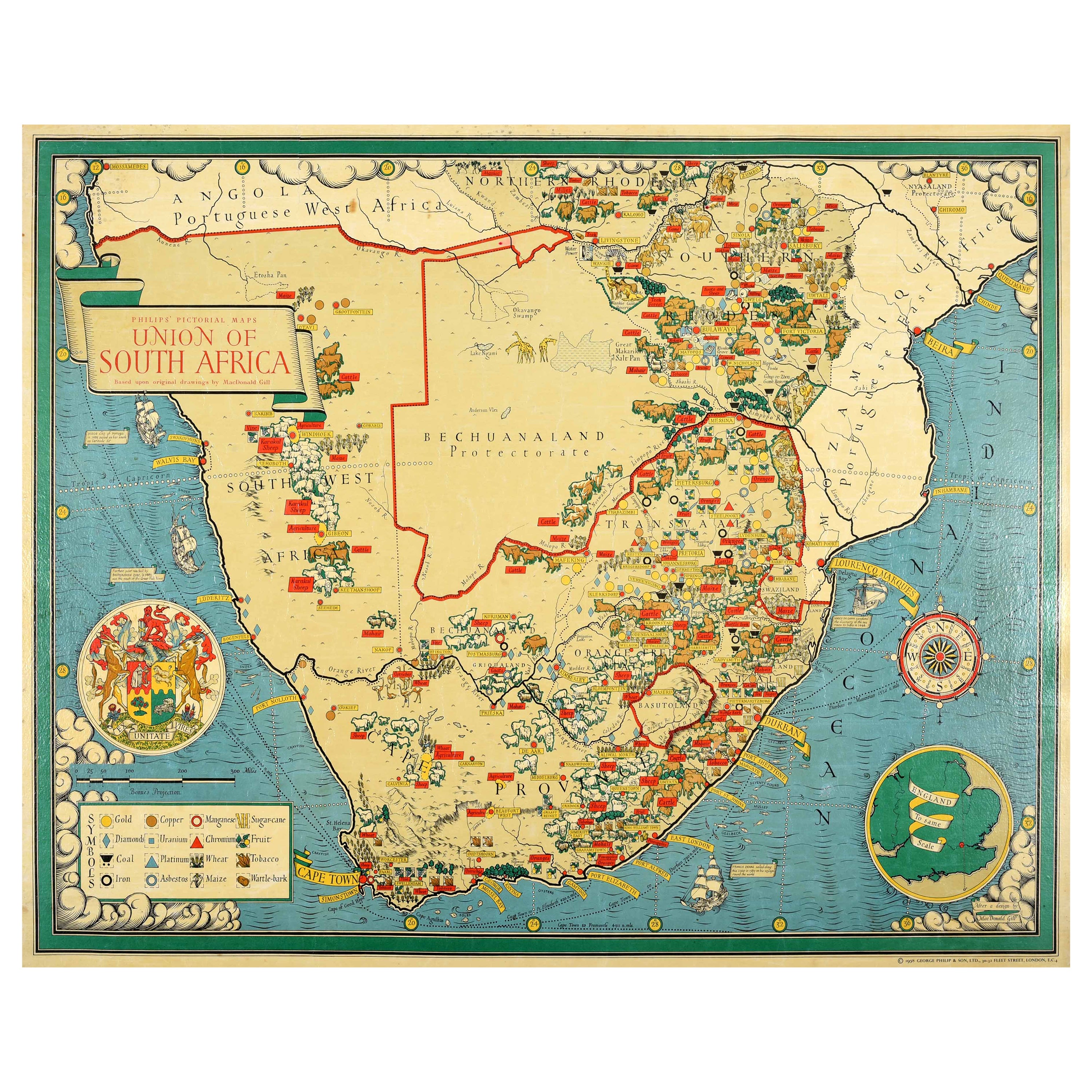 Poster mappa illustrata originale d'epoca Unione del Sudafrica MacDonald Gill