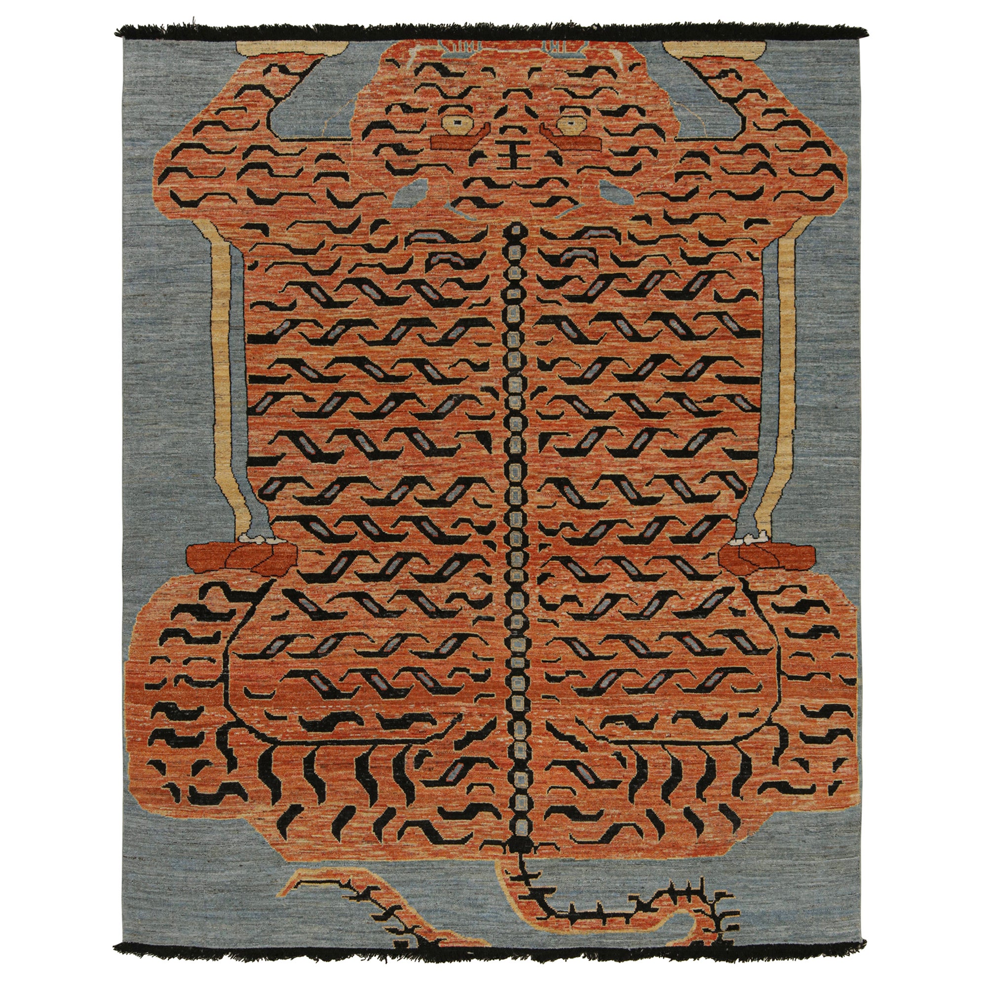 Rug & Kilim’s Modern Tiger Pictorial Rug Design in Burnt Orange and Blue For Sale