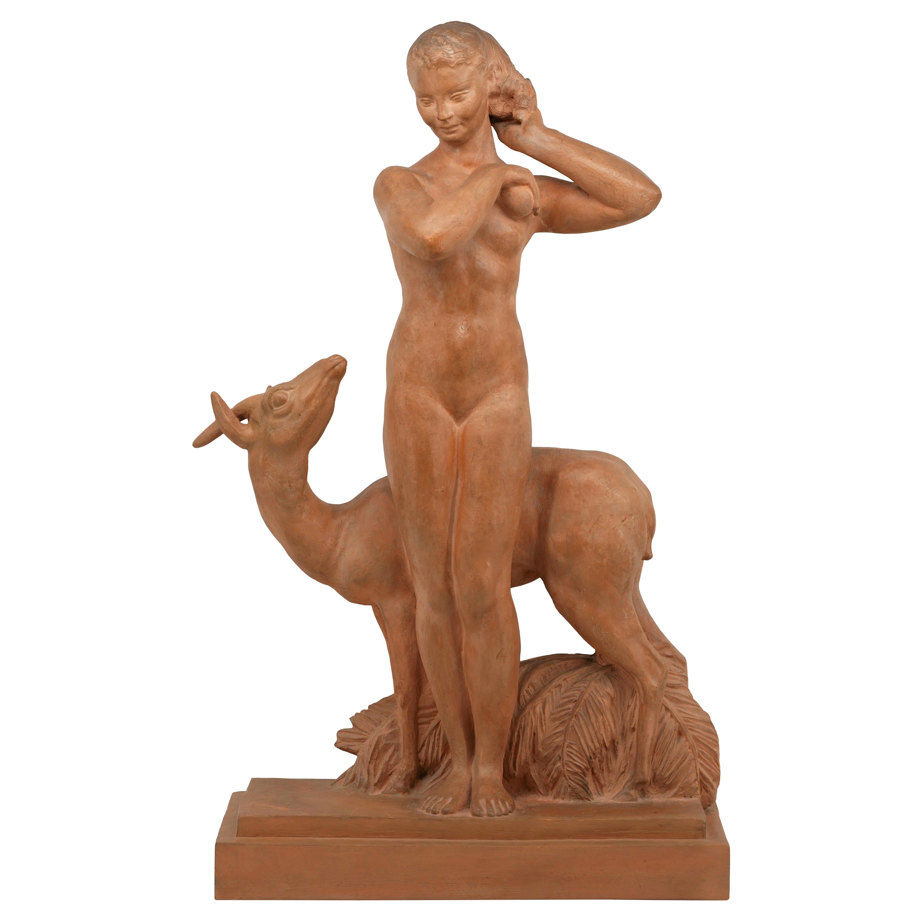 Charles-Georges Barberis "Young Lady with Gazelle" Terracotta, 1936 For Sale