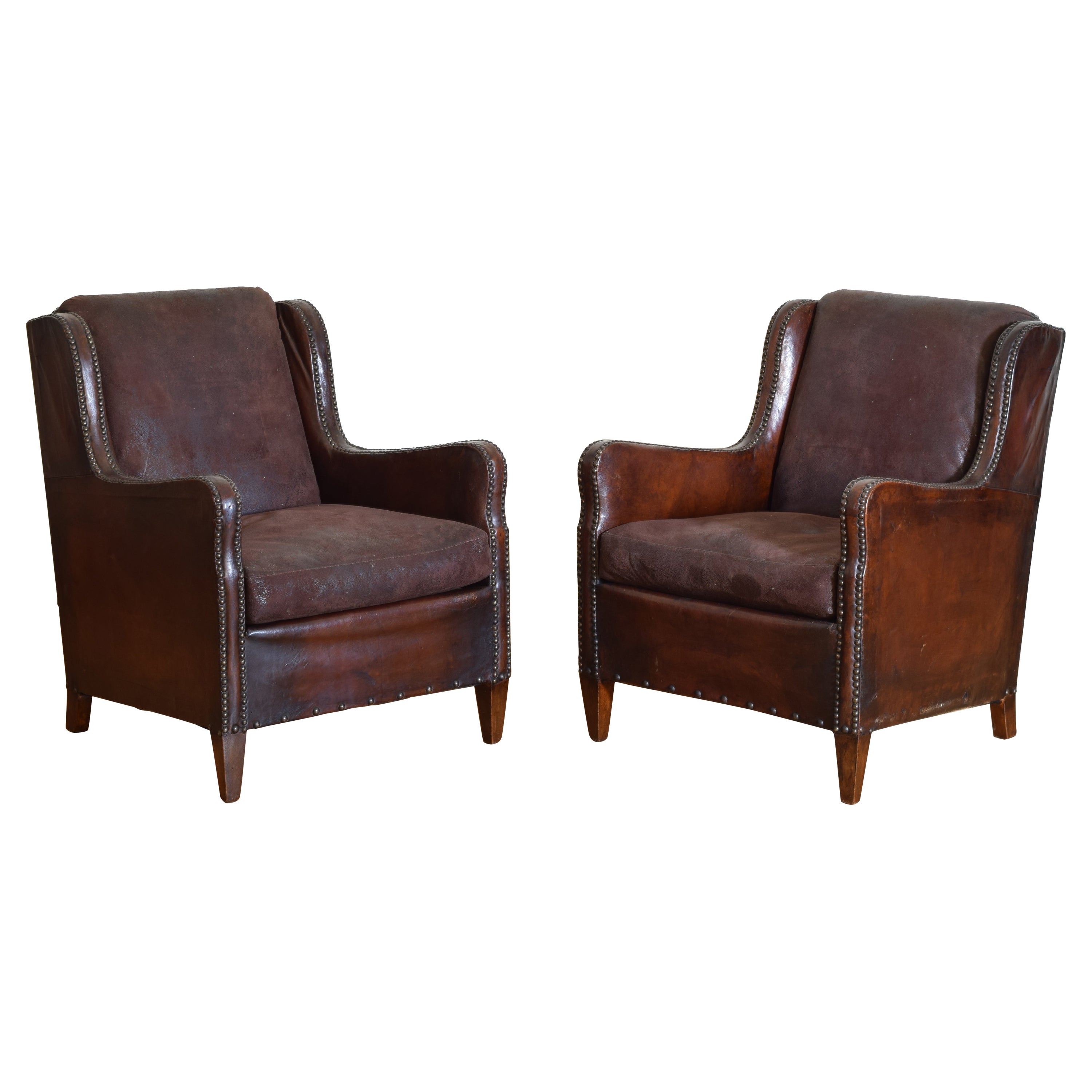 Pair French Late Art Deco Leather & Suede Upholstered Bergeres, ca. 1940