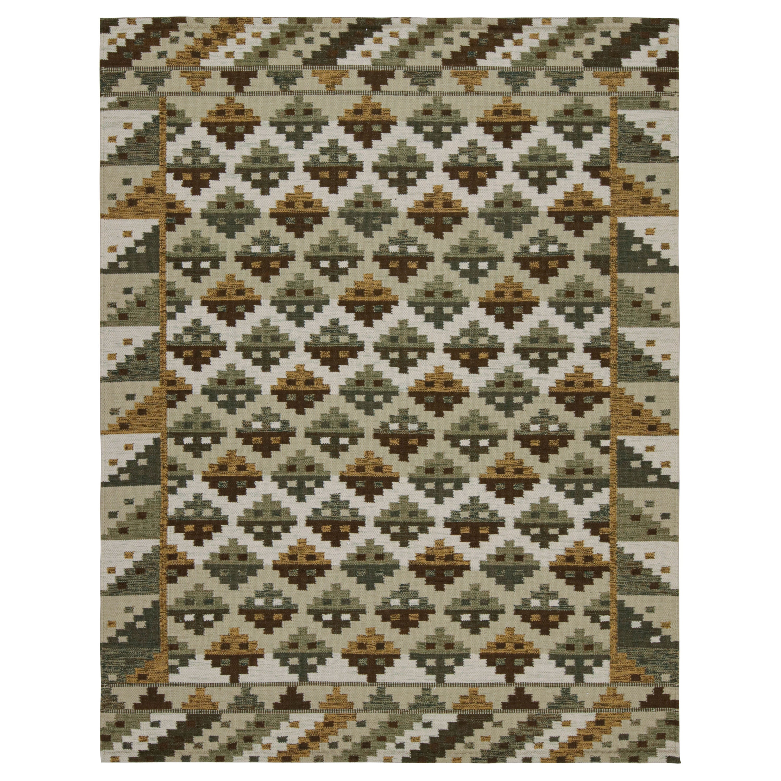 Rug & Kilim’s Scandinavian Style Kilim in Beige-Brown and Green Patterns For Sale