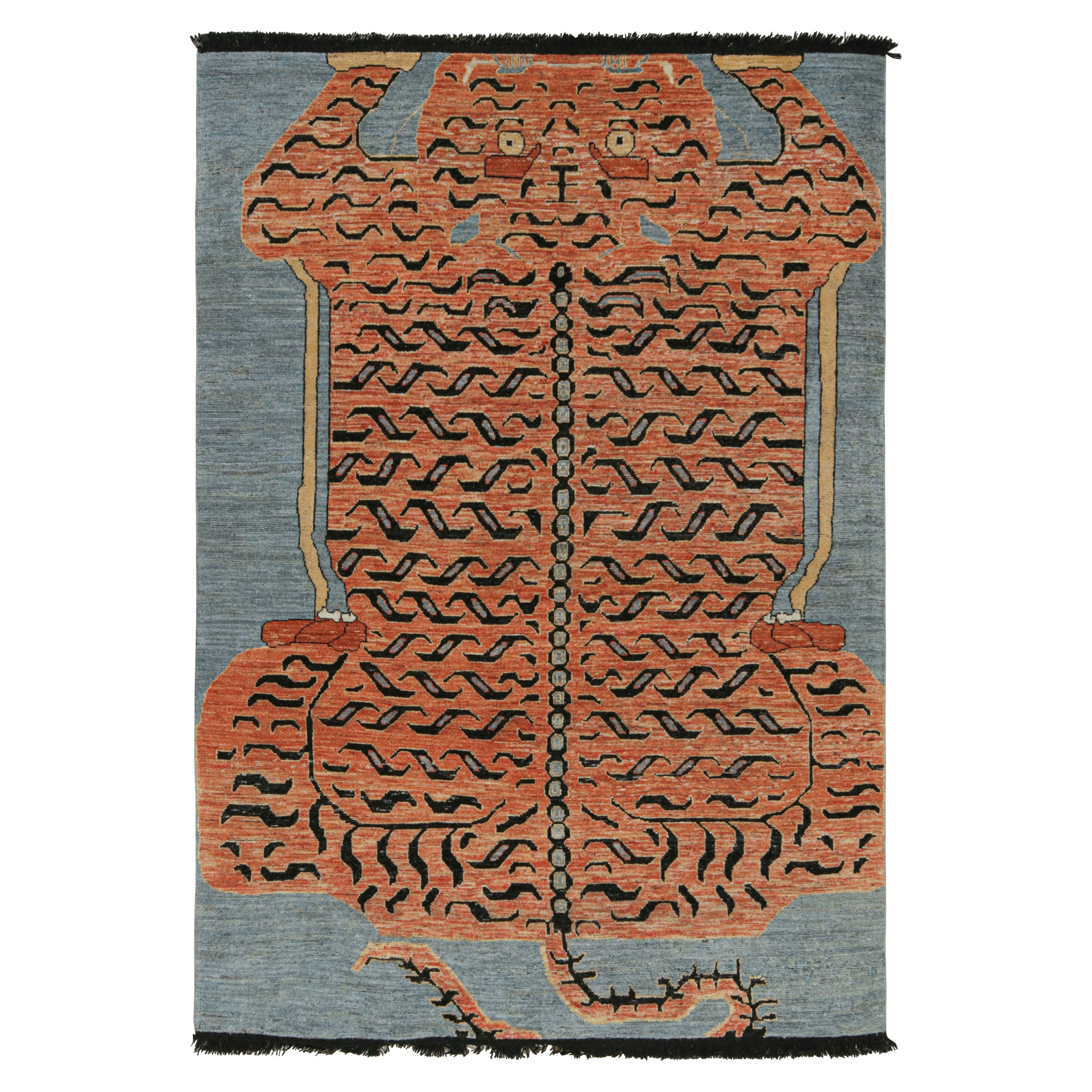 Rug & Kilim’s Pictorial Tiger-Skin Rug in Orange, Blue and Black For Sale